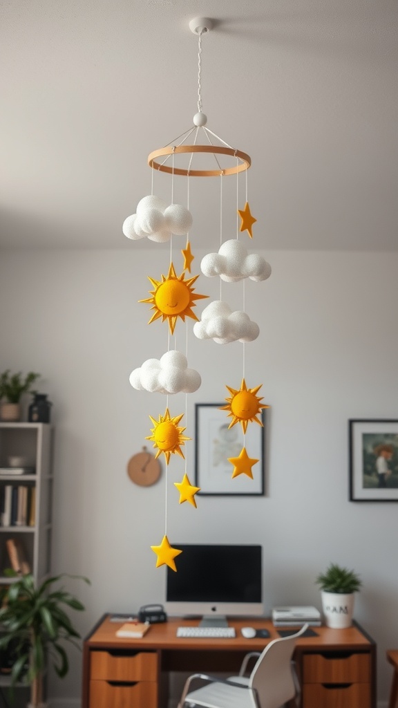 A colorful sunshine mobile with clouds and suns hanging in a bright office space.