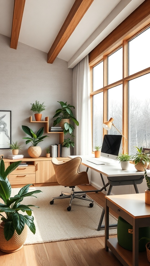 A bright and airy home office with wooden beams, large windows, and plenty of plants.