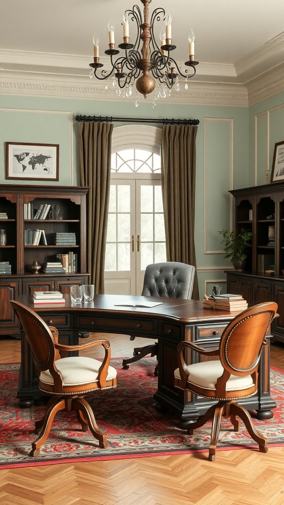 A vintage style L shaped executive desk with ornate details, surrounded by elegant chairs and a chandelier.