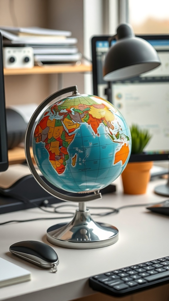 A modern desk setup featuring a globe, clock, plants, and an open book.