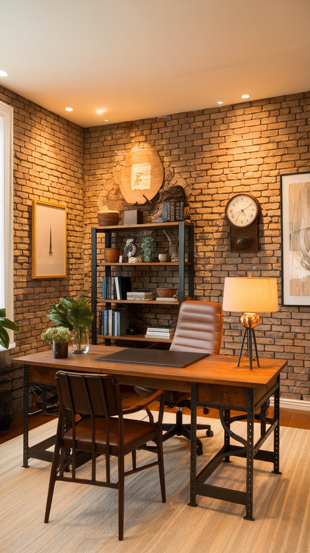 An industrial chic office with exposed brick walls and bold 'DAD' letters illuminated, showcasing masculine decor.