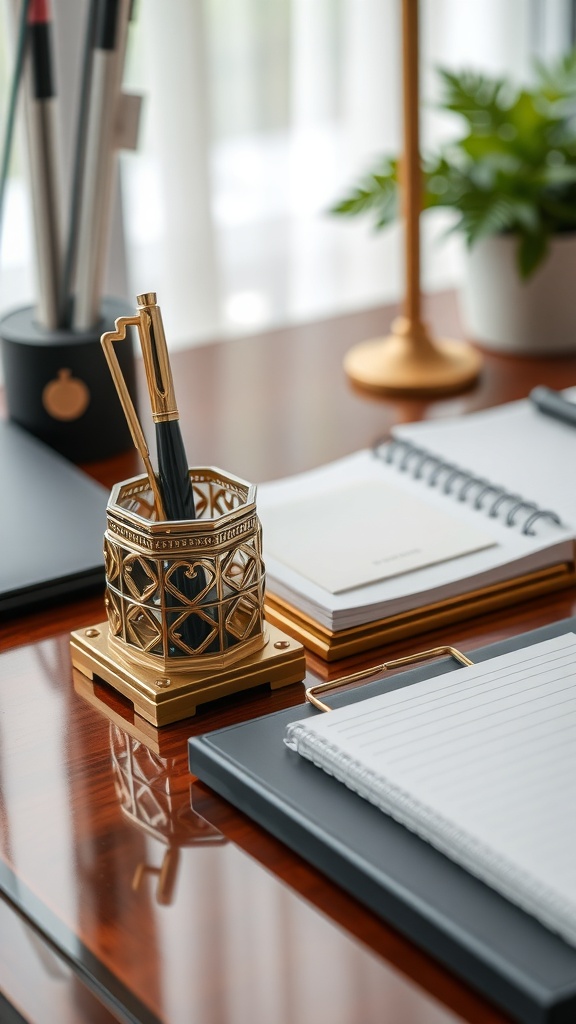 Elegant desk accessories set featuring a gold pen holder, notebooks, and a desk lamp.