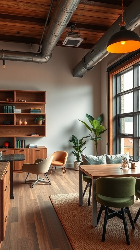 A modern rustic home office featuring wooden furniture, large windows, and cozy decor.
