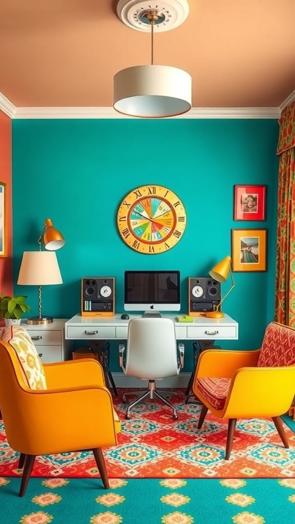 A colorful retro home office with pink walls, an orange armchair, and stylish decor.