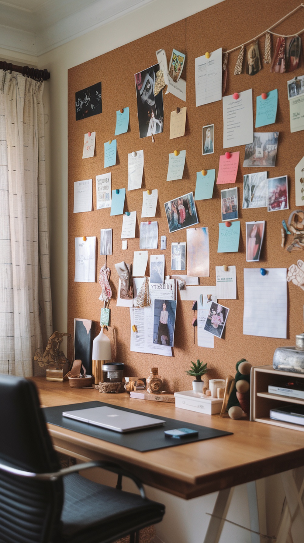 Corkboard wall with photos and notes in a masculine home office