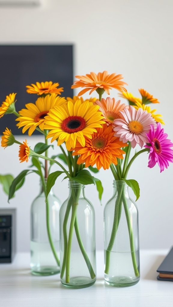 Three clear bottles filled with colorful flowers on a desk
