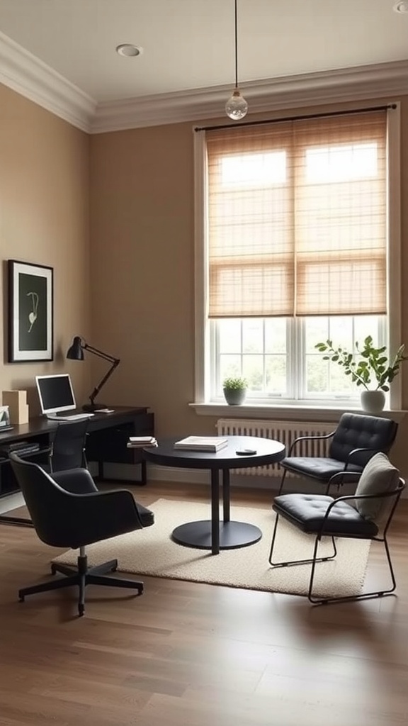 A cozy home office featuring beige walls, black furniture, and natural light.