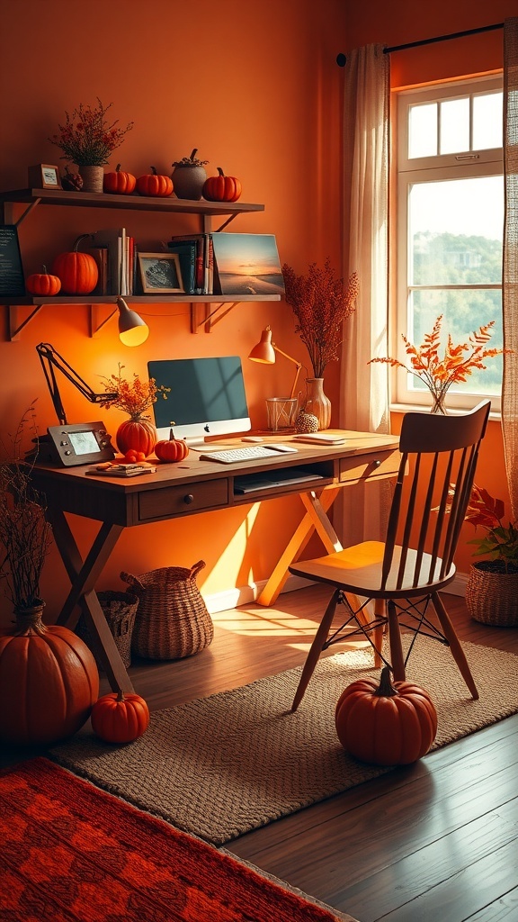 A cozy home office with orange walls, pumpkins, and a wooden desk.