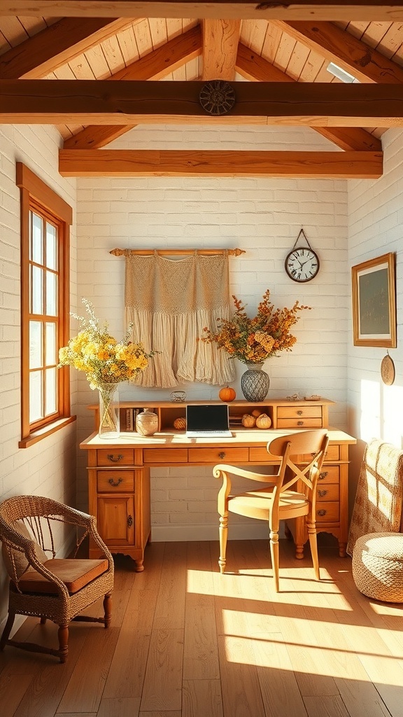 Cozy home office with caramel and light beige tones, featuring wooden furniture and natural decor.