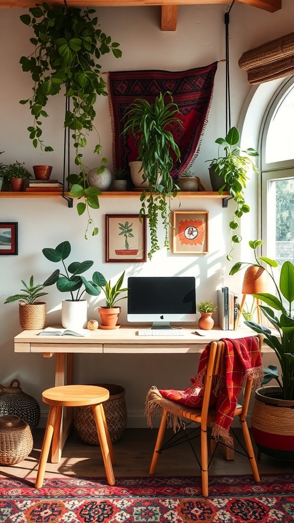 A bohemian eclectic home office with plants, a wooden desk, and colorful textiles.