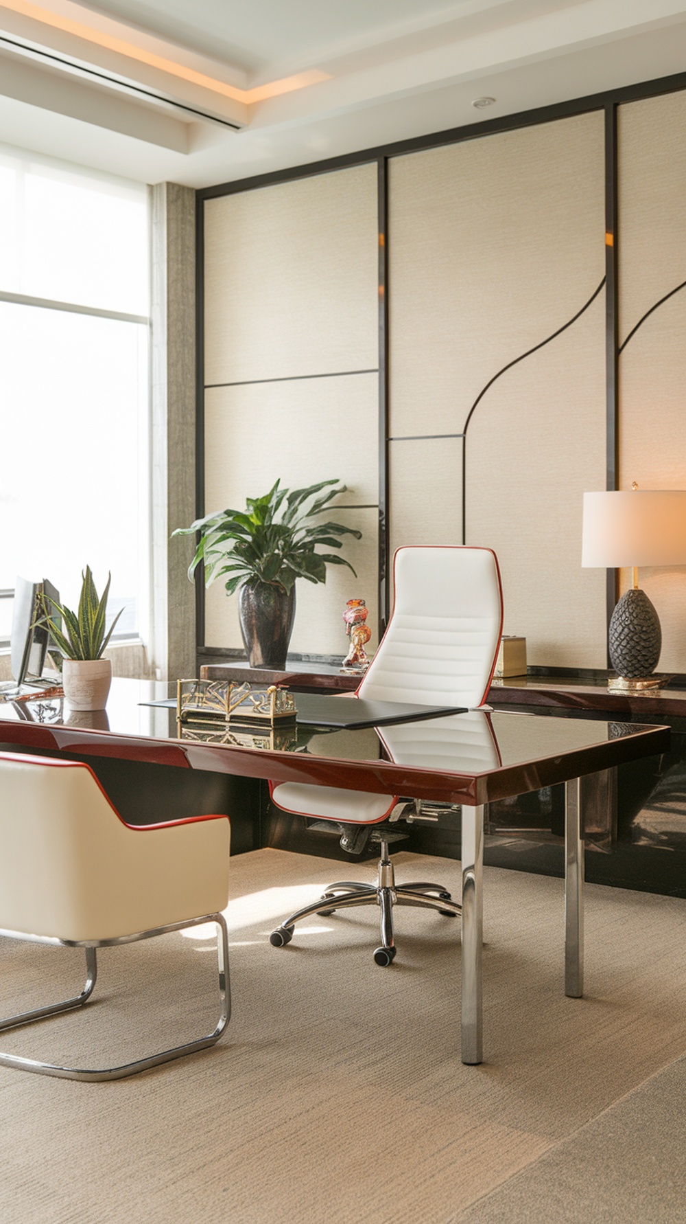 A modern high gloss L shaped executive desk in a stylish office setting.