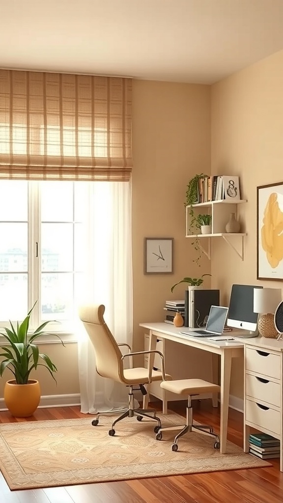 A cozy home office featuring beige walls, a bright yellow artwork, and a light brown desk with a chair.