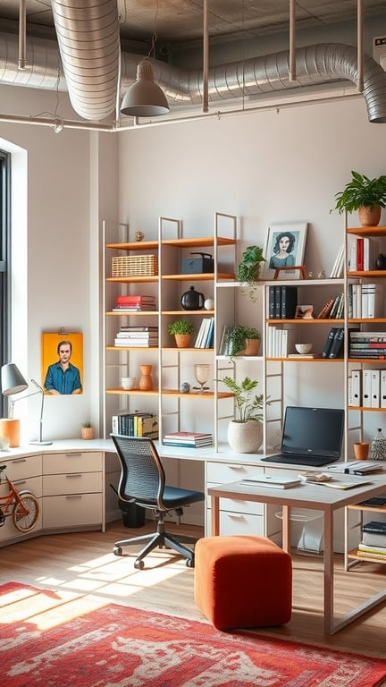 A modern office space featuring open shelving, a desk, and a cozy ottoman.