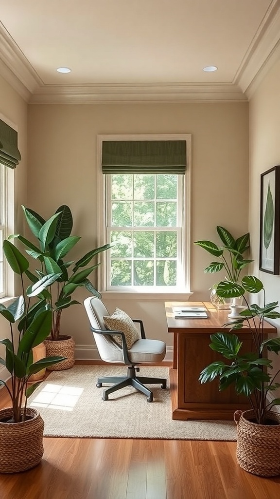 A cozy home office featuring beige walls, light brown furniture, and green plants.