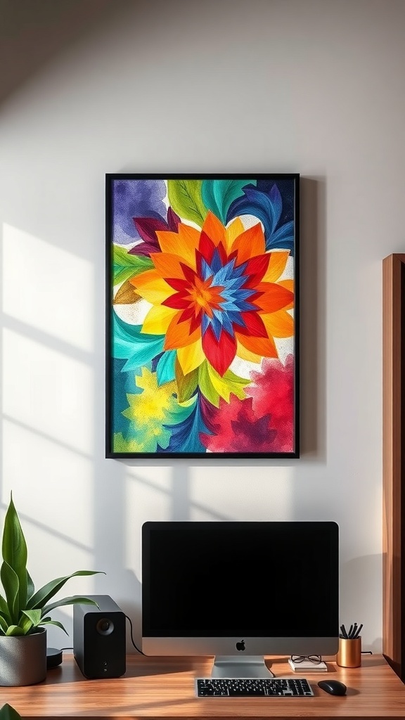A colorful wall art piece depicting a town scene with buildings and trees, hanging above a modern office desk.