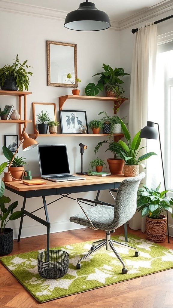 A cozy home office with a moss green wall, wooden desk, and plants, showcasing a calm workspace.
