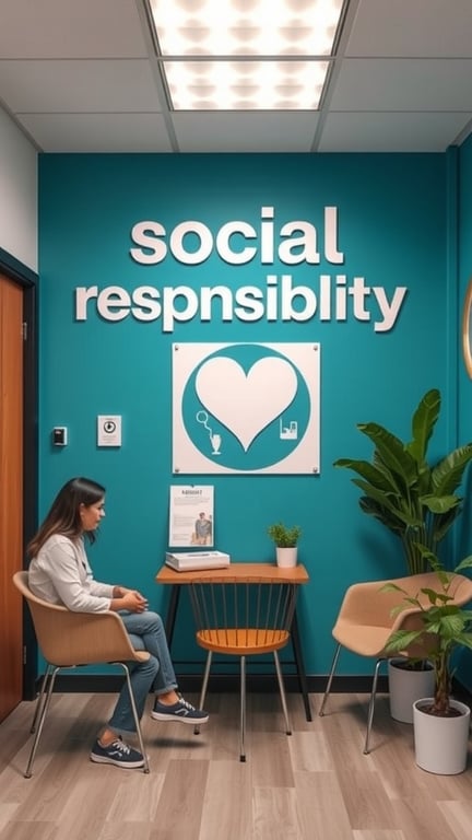 A colorful and modern office space with comfortable seating, plants, and vibrant wall art.