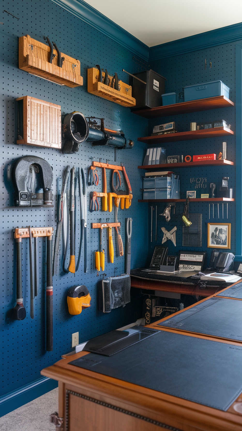 A blue pegboard with various tools organized on it, showcasing a functional office wall design.