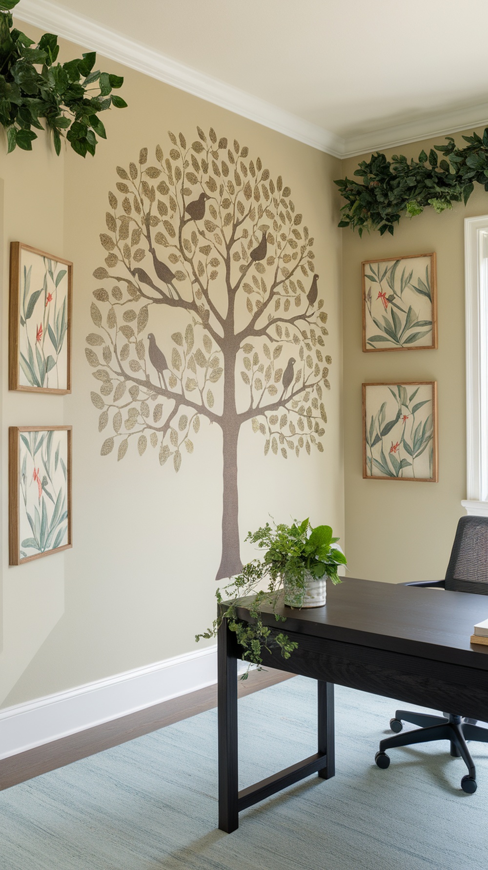 A nature-inspired office wall featuring a tree mural and botanical prints, complemented by potted plants.