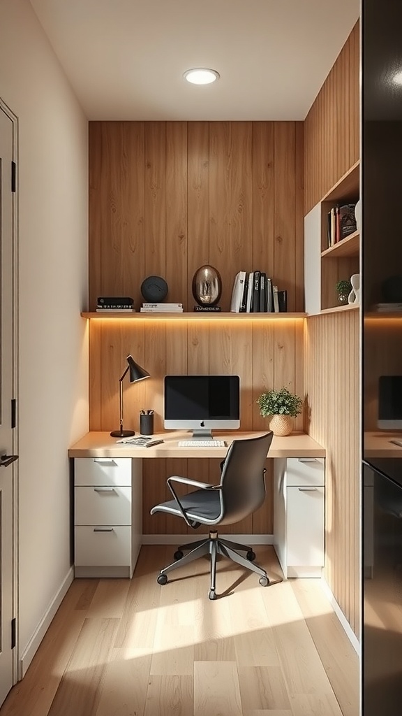 A modern minimalist home office setup in a small space with a desk, chair, shelves, and a plant.