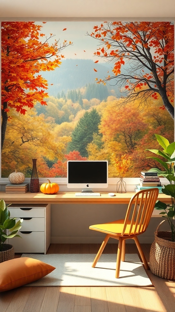 A workspace featuring nature-inspired wall art with autumn trees, a wooden desk, and fall-themed decor.
