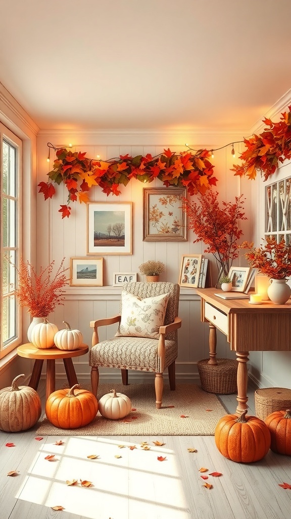 Cozy reading nook decorated with autumn leaves, pumpkins, and warm lighting