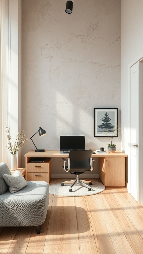 A minimalist home office featuring a textured wall, wooden desk, and modern furniture.