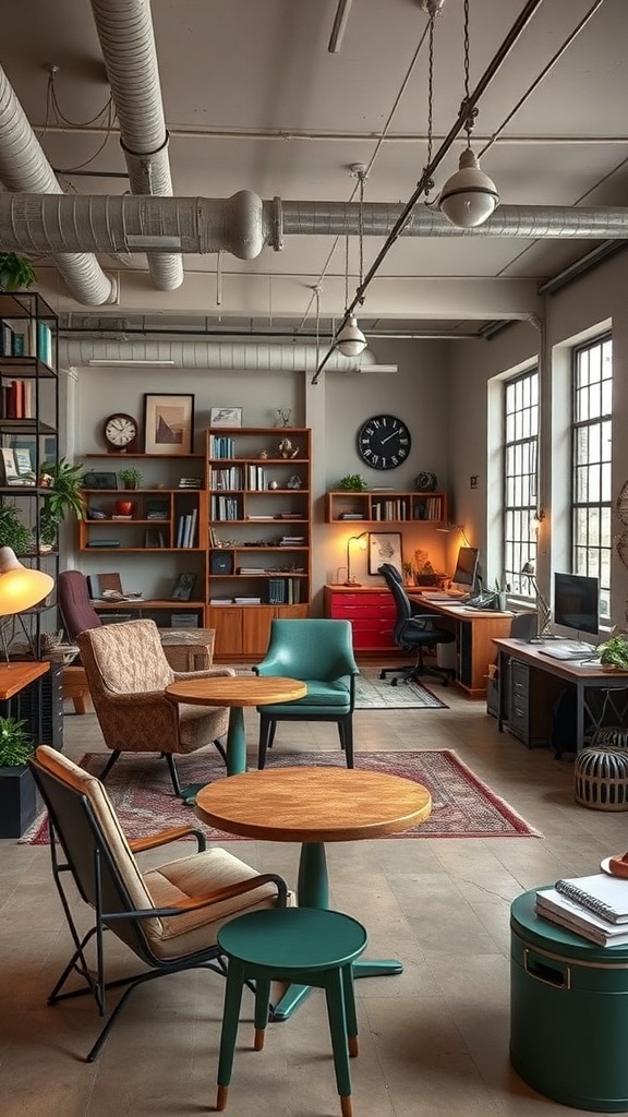 A vintage industrial home office with wooden desk, plants, and open shelving.