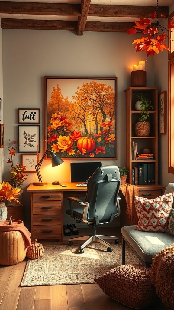 A cozy workspace with warm-toned autumn artwork, pumpkins, and comfortable decor.