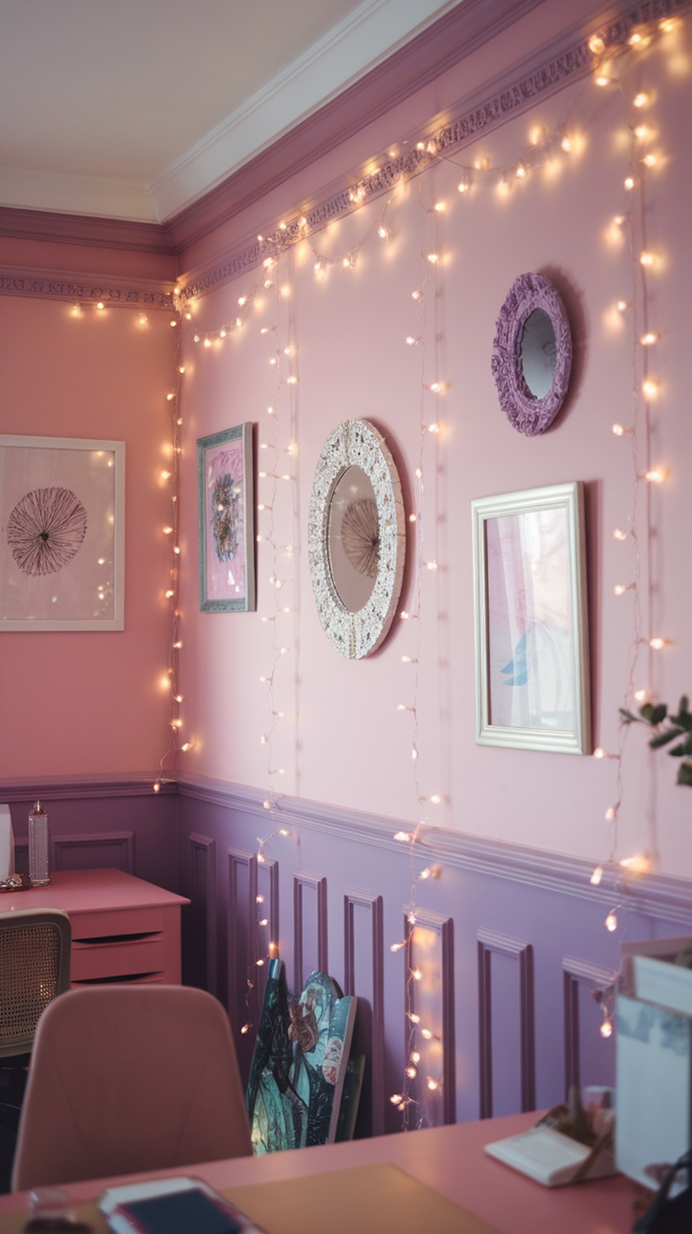 A feminine home office with fairy lights on pink walls and decorative frames.