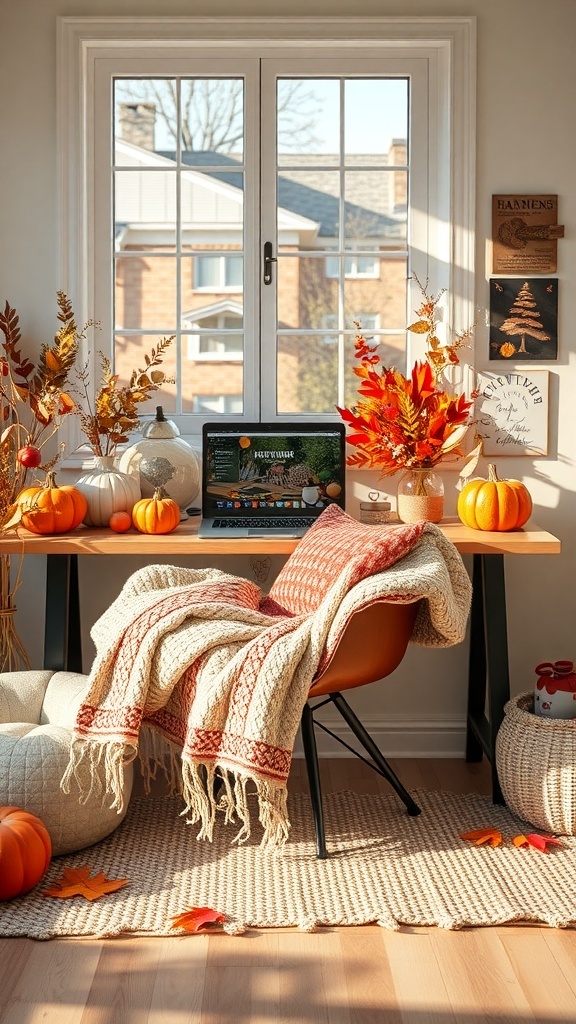 A cozy small workspace decorated for fall with a knit blanket, pumpkins, and autumn leaves.