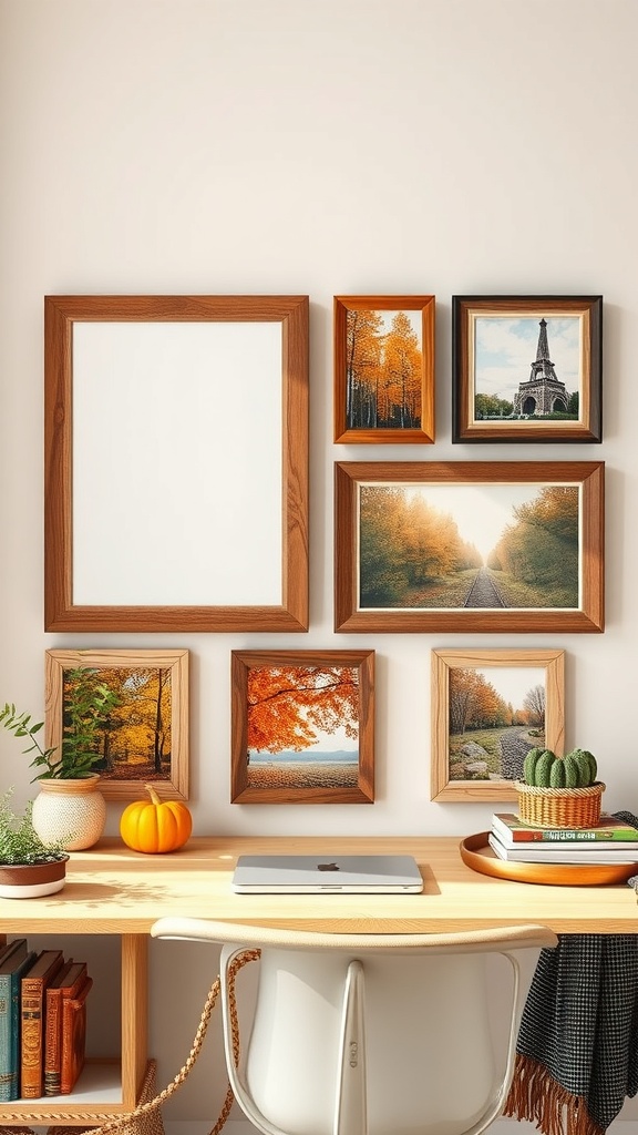 A collection of rustic wood picture frames displaying autumn scenes on a wall above a desk with a laptop and decorative items.