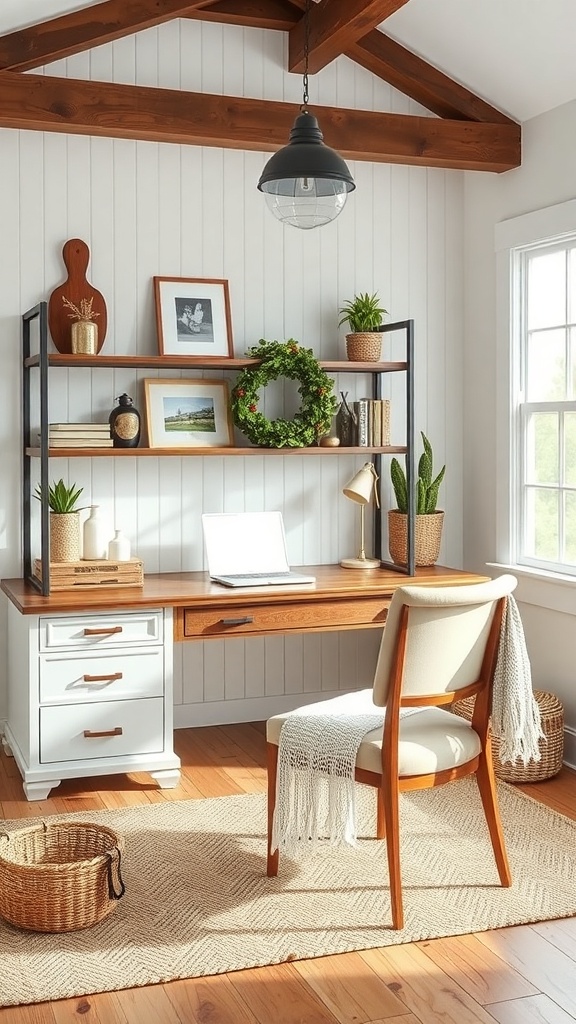 A stylish farmhouse office featuring a wooden desk, comfortable chair, and decorative elements like plants and framed art.