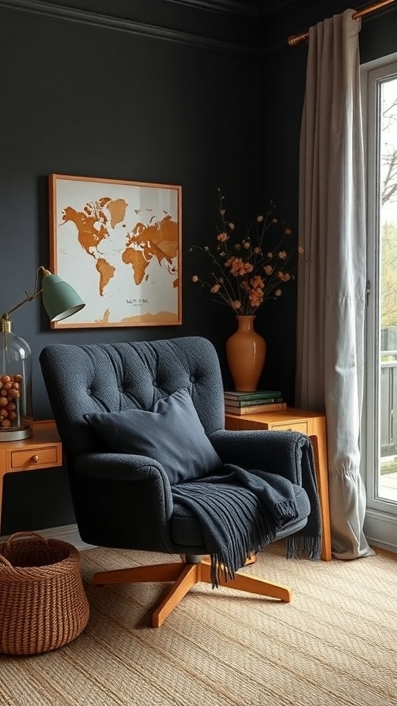 A cozy home office featuring a plush charcoal chair with a throw, warm autumn decor, and a stylish workspace.