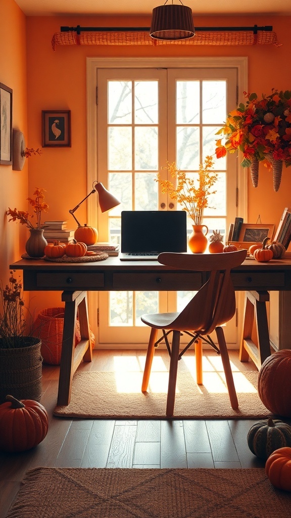 A cozy home office with warm orange walls, a wooden desk, pumpkins, and flowers, creating a Golden Harvest aesthetic.