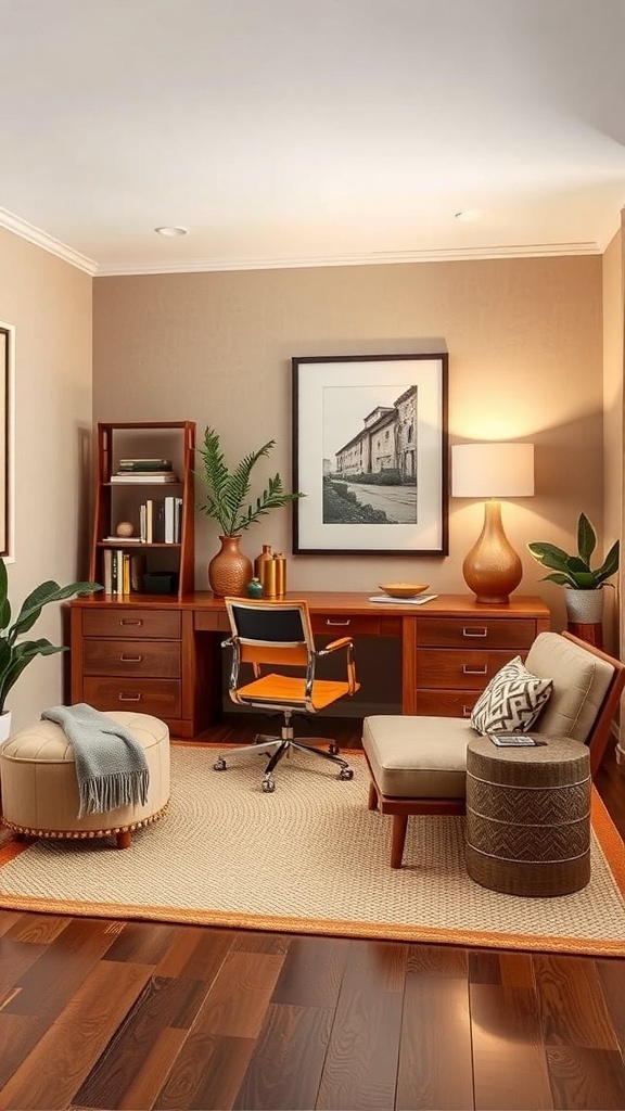 A cozy home office with warm sandstone colors, featuring terracotta walls, beige furniture, and natural wood elements.