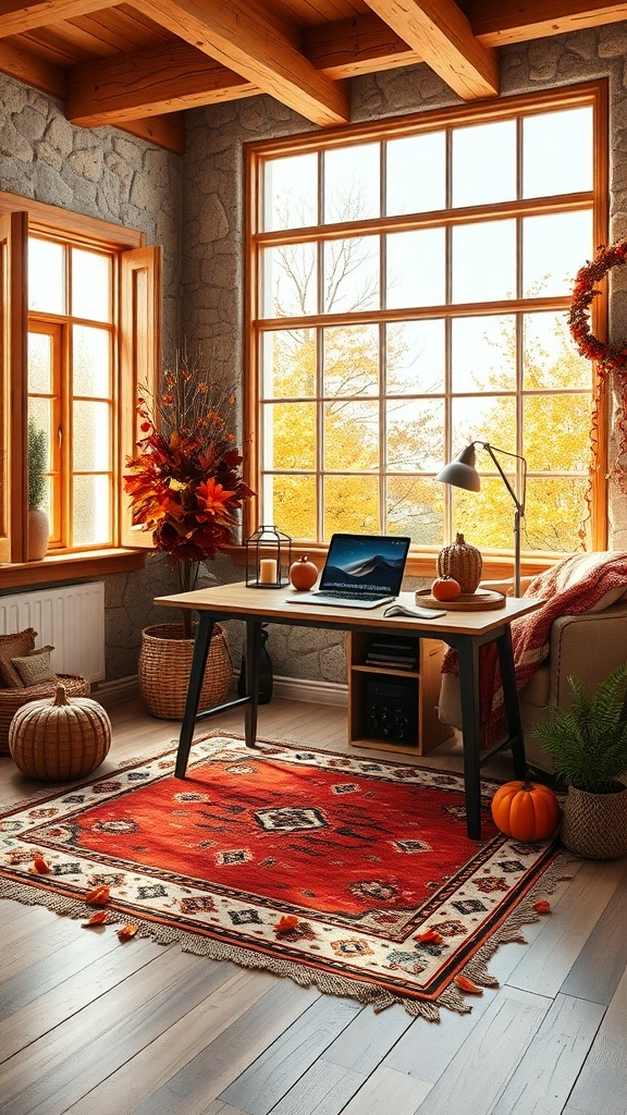 A cozy home office with large windows open, showcasing autumn colors outside, decorated with fall-themed items.