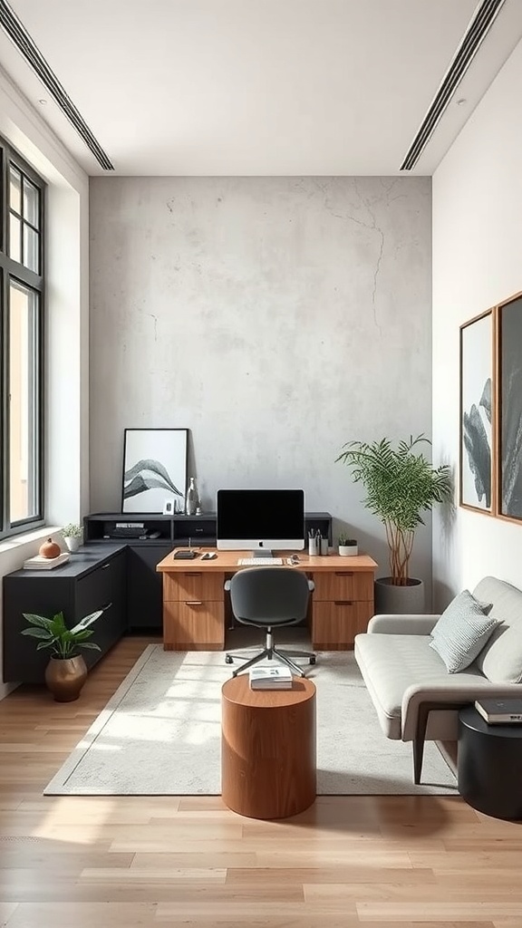 A modern minimalist home office featuring a wooden desk, black storage unit, and a cozy sofa with natural light.