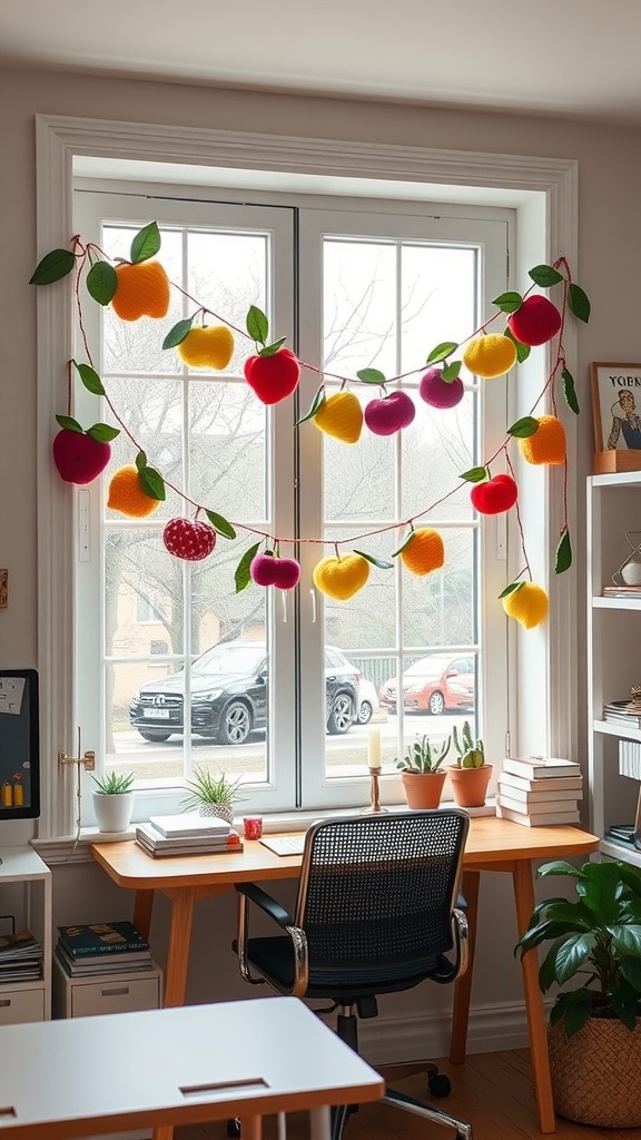 A colorful felt fruit garland hanging in a bright home office, featuring apples, lemons, and strawberries.