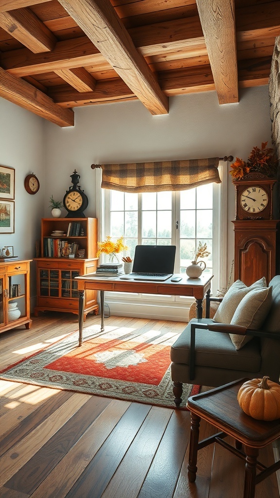 Cozy vintage-inspired home office with wooden beams, a desk, and fall decorations.