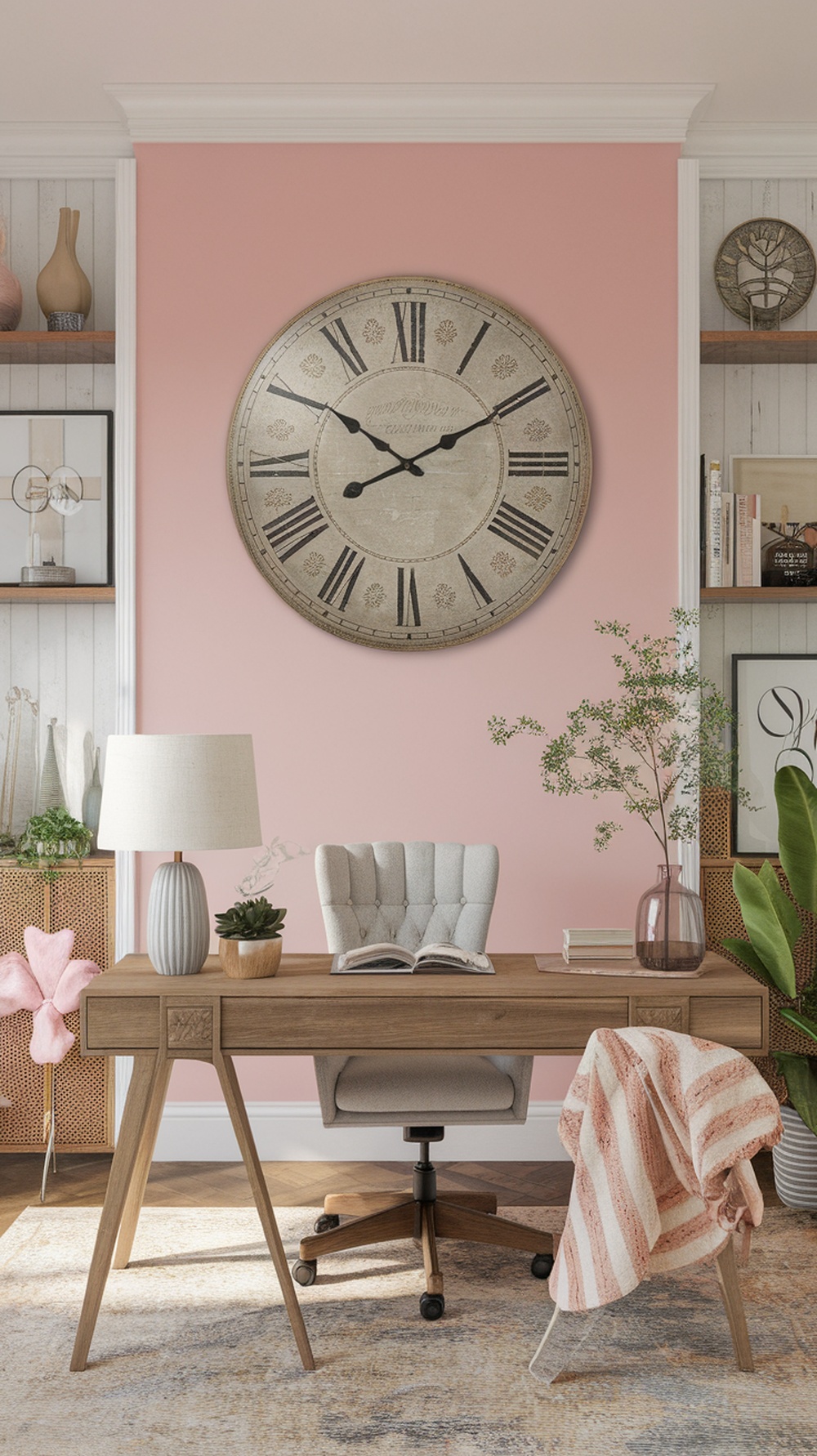 A vintage style wall clock on a pink wall in a home office setting.