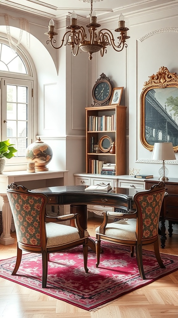 A vintage chic home office with a round table, floral chairs, chandelier, and elegant decor.