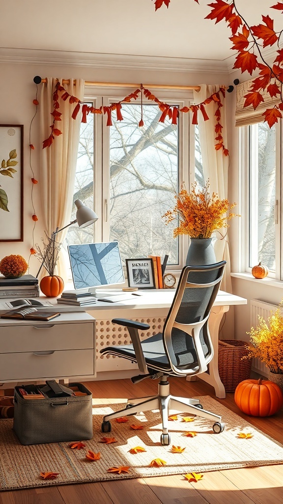 A cozy home office with ergonomic furniture, autumn decorations, and a minimalist desk setup.