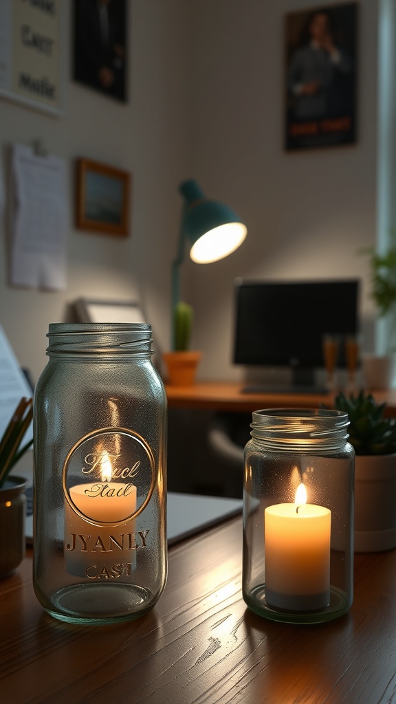 Two upcycled jar candle holders with candles inside, placed on a wooden desk in a cozy home office setting.