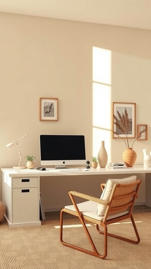 A cozy home office featuring beige and warm sand tones, with a modern desk, computer, and natural decor.