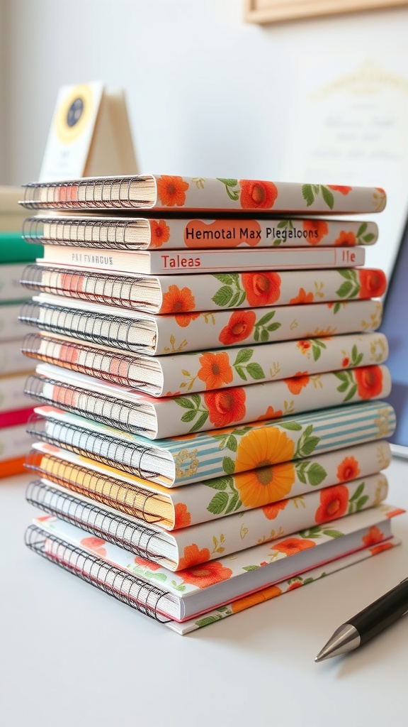 A stack of colorful summer-themed notebooks with floral designs on a wooden desk.