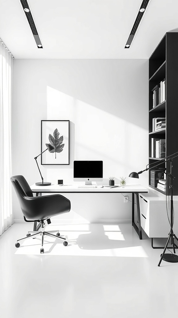 A minimalist home office featuring a black and white color scheme, modern desk, and stylish chair.