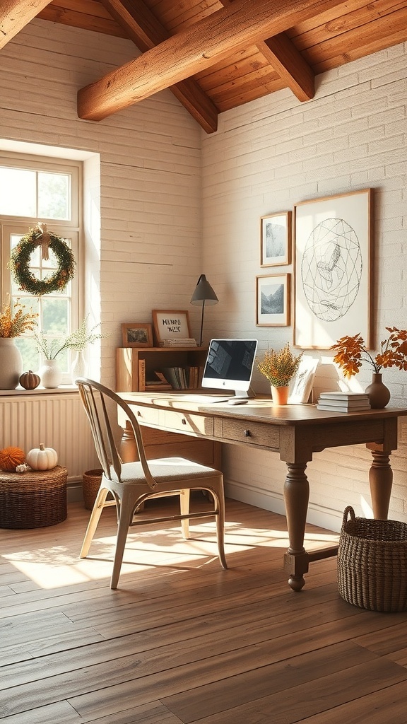 A cozy home office featuring light taupe walls and warm brown furniture, with natural light and decorative elements.