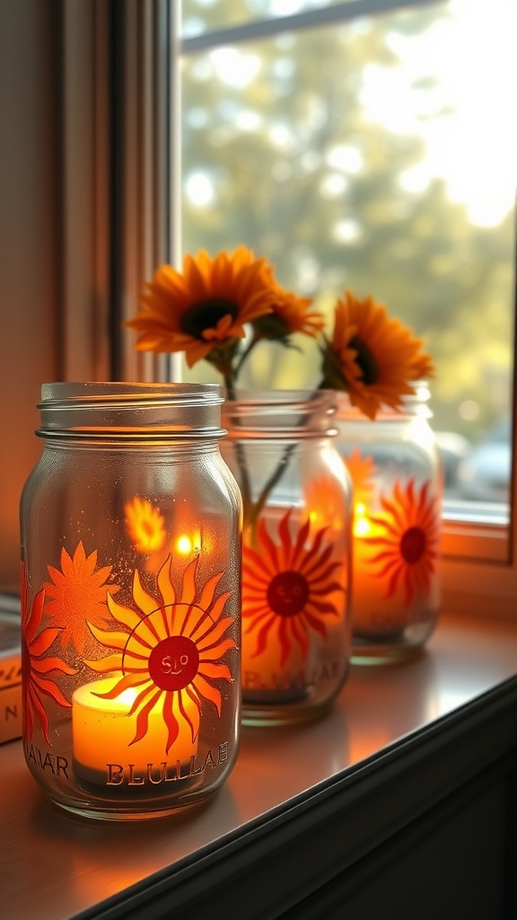 Three mason jar lanterns with sun designs glowing on a windowsill, surrounded by sunflowers.