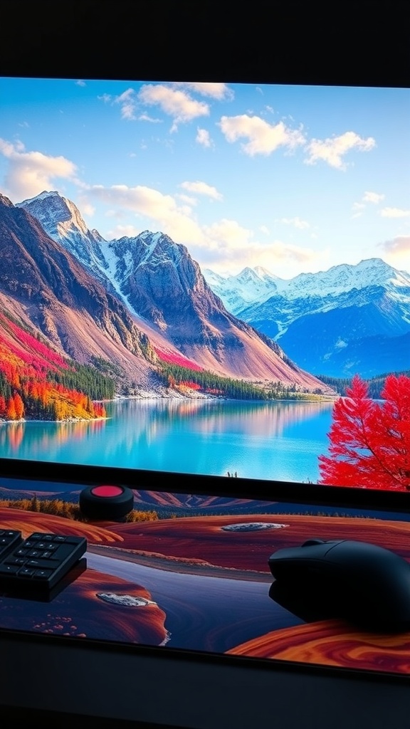 A themed mouse pad featuring a vibrant landscape design with mountains and a lake, alongside a keyboard and mouse.